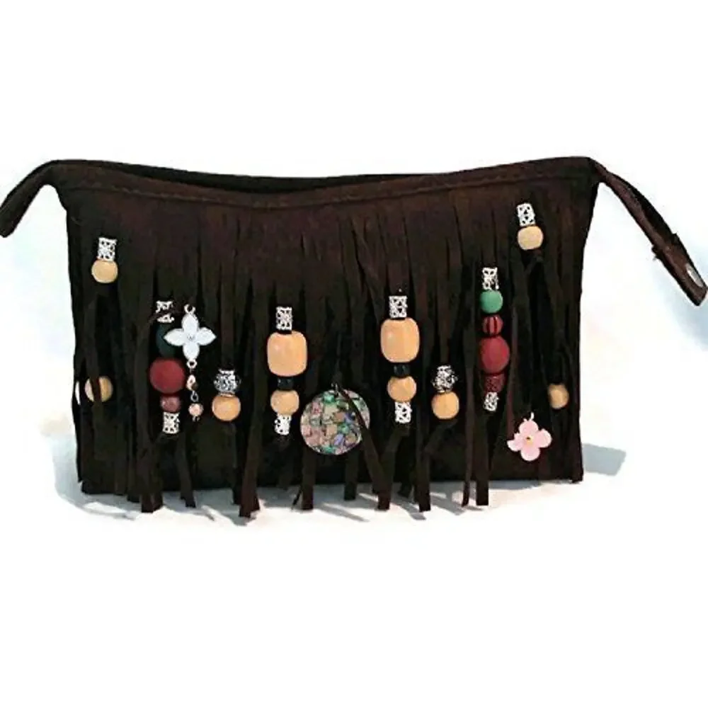 CROSSBODY BROWN Fringed Purse BOHEMIAN Luxury Gold Chain Charms Flower Gypsy NEW